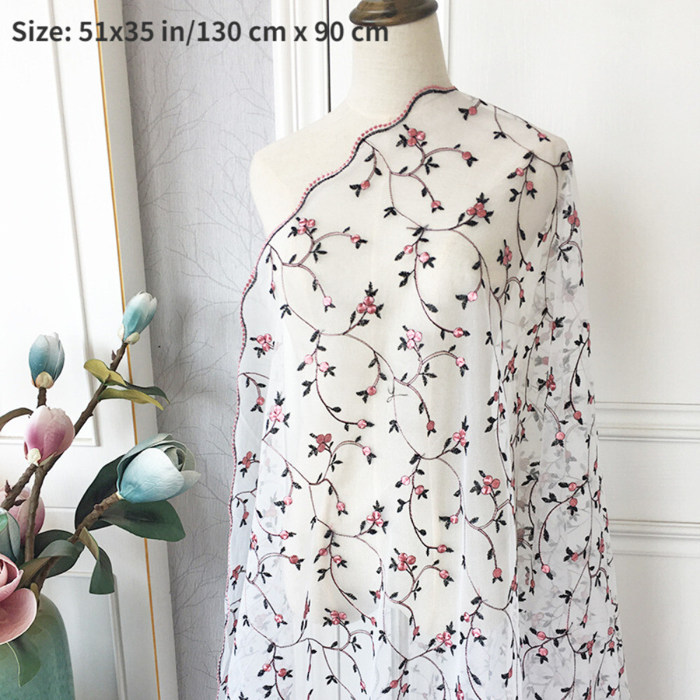 Tissu Dentelle Floral Brodé Brillant - Polyester, Au Mètre, DIY Créatif !