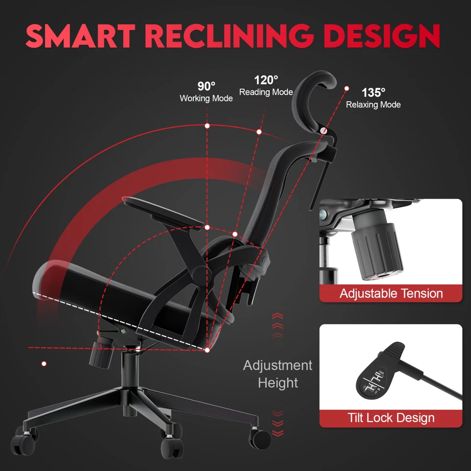 Silla de Oficina Ergonómica con Reposacabezas Ajustable y Soporte Lumbar y Brazos Abatibles Foto 4 de 4