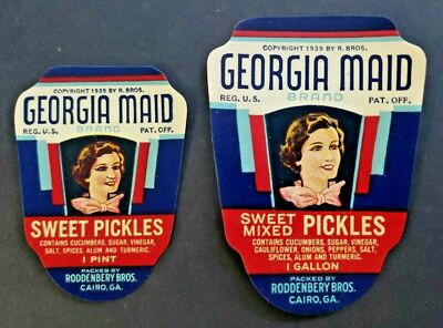 1939 Georgia Maid Sweet Pickles 1 Pint & 1 Gallon Lables Lot of 2 NOS DC1