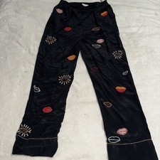 FARM Rio Womens M Black Beaded Lips Wide Leg Pants 100% Viscose Embellished