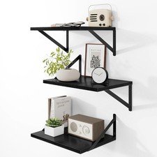 Set of 3 Black Wood Floating Shelves 12D x 16W - Wall Mounted with Metal Bracket