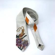 Dries Van Noten Men Accessory 16490 Japanese Pattern Flower Bird Silk Silver Tie