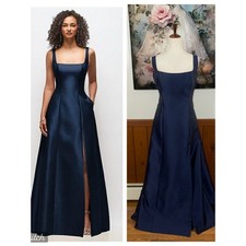 Elegant New Alfred Sung Navy Satin Twill Gown