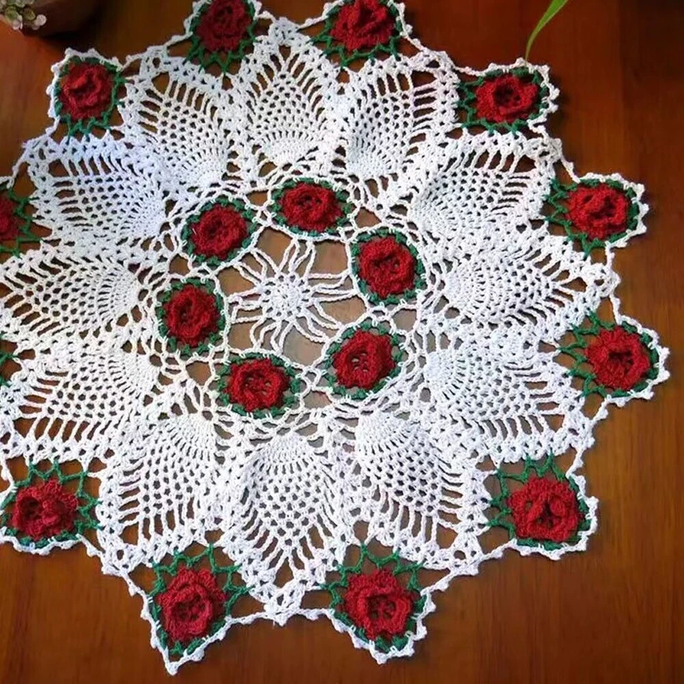 17" Red Vintage Hand Crochet Doily Flower Doilies Round Lace Table Topper Cloth - Image 3 of 4