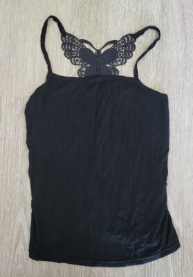 Womens Black Camisol S Butterfly Pattern String Tank Top