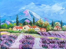 Original Oil Painting Lavender Field Provence Landscape Colorful Mountain Villag