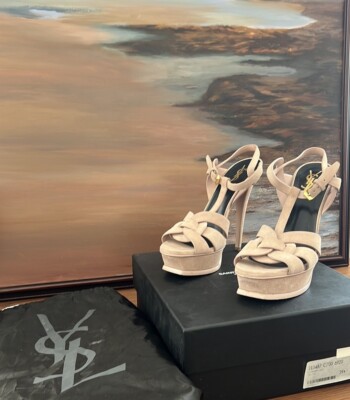 YSL Tribute Platform Sandals In Pink Rose Leather Suede size 8.5 EU 39.5