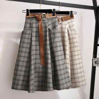 Damen Retro Karo Karo Rock Midi A-Linie Hohe Taille Gürtel Tasche Warm Winter