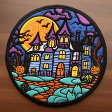 Haunted House Patch Embroidered Iron-on Premium Applique Halloween Costume, Bat