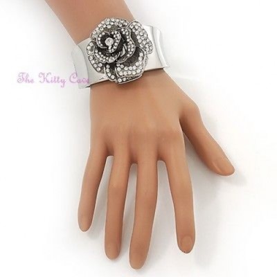 Bracelet Manchette Vintage Style Gatsby - Argent Lourd Avec Fleur Rose - Cristal Swarovski