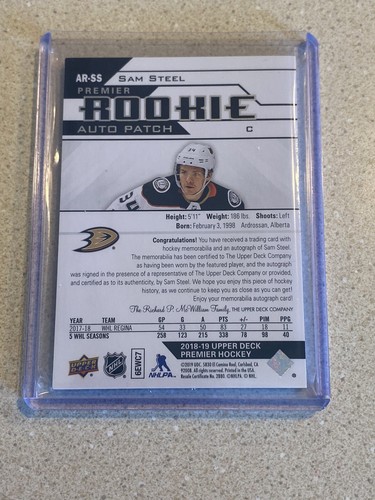 2018-19 Upper Deck Premier Sam Steel Rookie Patch Auto RC #107/249 Ducks - Picture 2 of 2