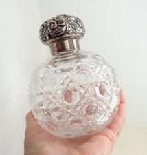 Antique Perfume Bottle LARGE 5.5" Cut Crystal? & Repousse Sterling Silver Top