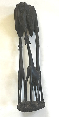 vintage Makonde Ebony Wood Carving 17'' Three Giraffe Tree Spirit