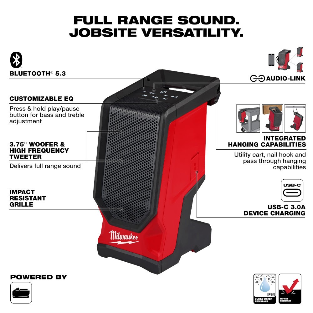 Parlante para obra Milwaukee 2954-20 M18 Bluetooth USB-C IP64, imagen 2