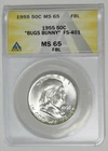 1955 Silver Franklin Half Dollar "Bugs Bunny" ANACS MS-65 FBL
