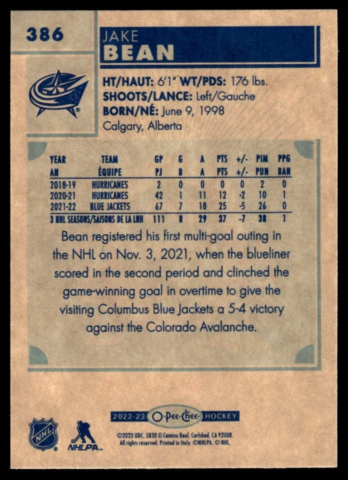 2022-23 O-Pee-Chee RETRO Jake Bean Columbus Blue Jackets #386 - Image 2 of 2