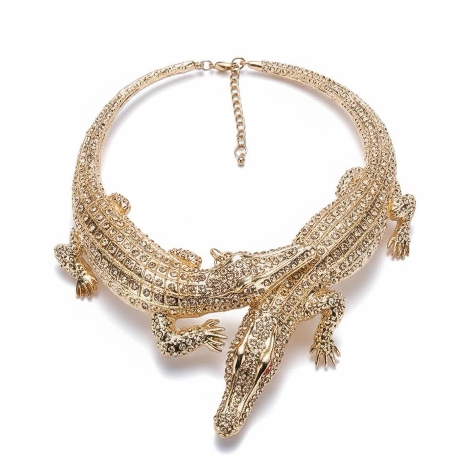 Crocodile Alligator Necklace Gothic Chunky Gold Statement Museum Art VTG CZ - Image 4 of 4