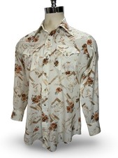 Vintage 70's H Bar C Pearl Snap Western Floral Geometric Print Shirt Medium Long