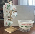 Vintage Hazel Atlas Milk Glass Christmas Egg Nog Set Punch Bowl And 6 Mugs  E26J