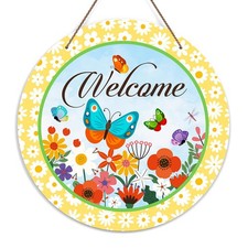 Welcome Door Sign, Spring Flowers and Butterflies Spring Decor Wooden Sign Round