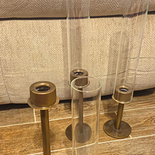 Set of 3 Gold Metal Clear Glass Hurricane Taper Candle Holders, Matte