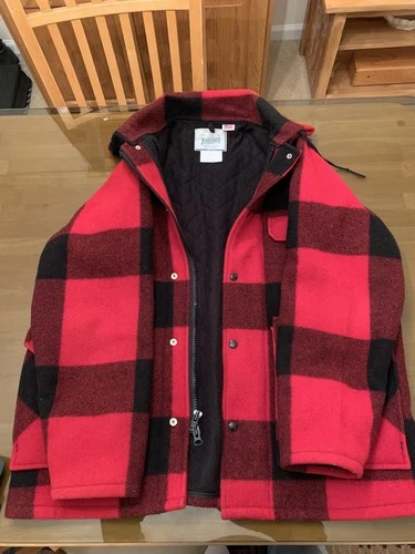 Vtg Johnson Woolen Mills Wool Coat Mens XL Mackinaw Hunting Buffalo Plaid Red.  - product listing photo
