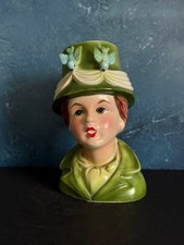 VINTAGE LADY HEAD VASE LEFTON REDHEAD IN GREEN TWO BLUEBIRDS 6.5”
