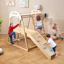 8-in-1 Jungle Gym, Wooden Montessori Climber Playset w/ Slide and Monkey Bar