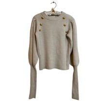 Veronica Beard Jude Merino Wool Ribbed Puff Sleeve Sweater Size S Ivory Buttons