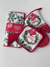 Happy Holidays 4 Piece Kitchen Decor Set Oven Mitt Potholders Dish Mat 