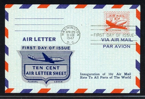 UNITED STATES FLUEGEL COVER LOT #40 1947 10c Air Mail Aerogramme FDC Silver $$$