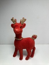 Vintage Red Flocked Silver Glittered Reindeer Plastic Figure Midcentury Japan