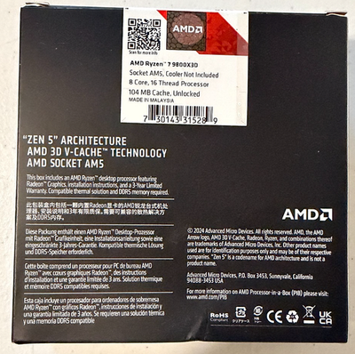 AMD Ryzen 7 9800X3D 4.70GHz 8-Core 16-Thread 100-000001084 AM5