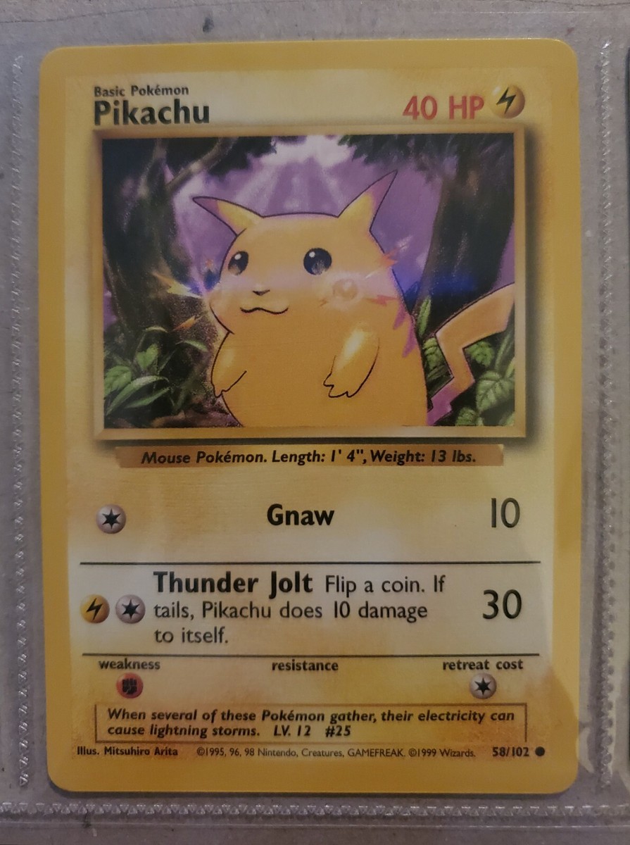 pikachu 1995 pokemon card Pikachu 58/102 pokemon base set unplayed, 1995 yellow cheeks