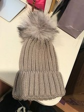 Fur Hat Pom Pom Knit Topper Scarf Gift Warm Cozy Beanie Cap Grey Gray