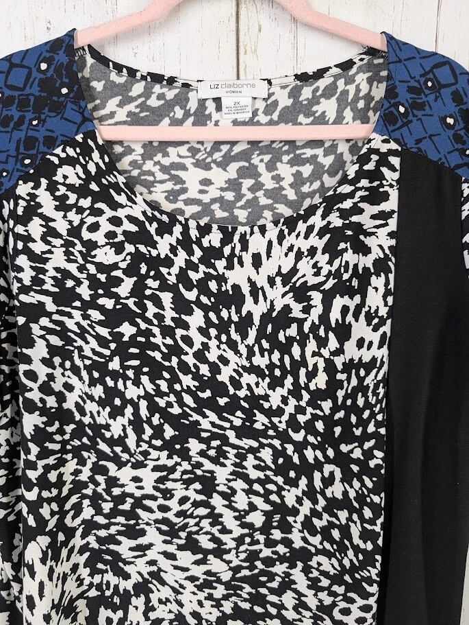 Blusa para mujer Liz Claiborne talla 2X negra blanca azul patrón manga corta Foto 3 de 4