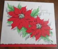 Vintage Christmas Card - POINSETTIA SEASONS GREETINGS - PRINTED SIGNATURE