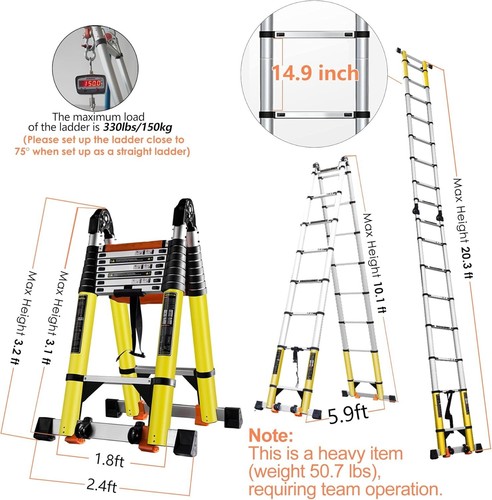 Telescoping Ladder A Frame, 20 Ft Compact Aluminum Extension Telescopic Step - Picture 2 of 7