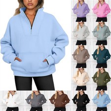 Women Fashion Lightweight 1/4 Zip Zipper Pullover Long Sleeve Plain Sweatshirts