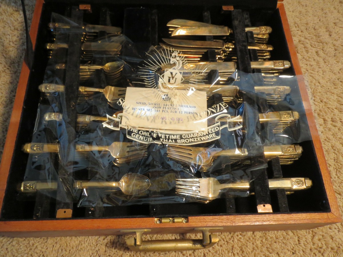 vintage THAILAND NICKEL BRONZE 144 piece SET FLATWARE - V.U.