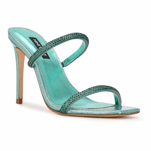 NINE WEST Zarleen 2 slide sandals heels crystal teal green rhinestone shoe sz 7 - 第 1/1 張圖片
