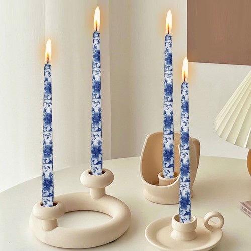 10" Blue & White Printed Dinner Candle Set of 4 Unscented Taper Candlestick