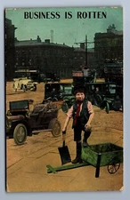 C.1910 BUSINESS IS ROTTEN, NO HORSE MANURE FOR CLEANER DUE TO CARS Postcard P17