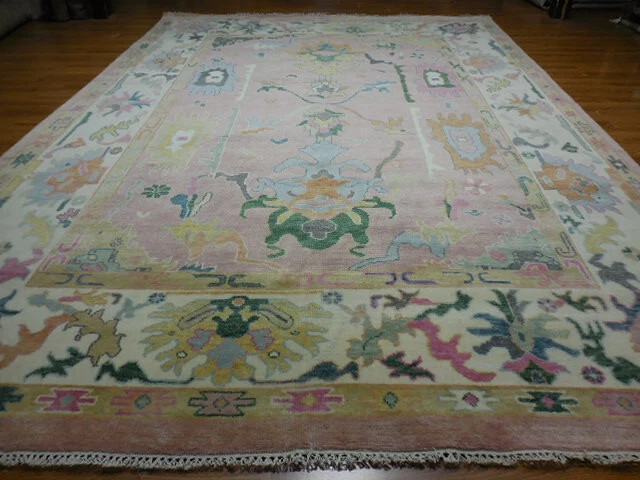 Alfombra Oushak Turca Rosa, Alfombra Moderna Multicolor 10x14, Hecha a Mano Foto 2 de 4