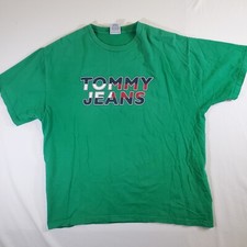 Tommy Jeans Green Graphic Made in USA VTG 90s FLAWED STAINED XL TShirt Shirt Top
