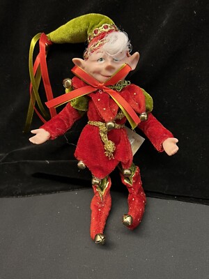 NEW RARE CHRISTMAS PIXIE ELF 11'' DECORATIVE DOLL GREEN & RED ''MAITRE D ELF''