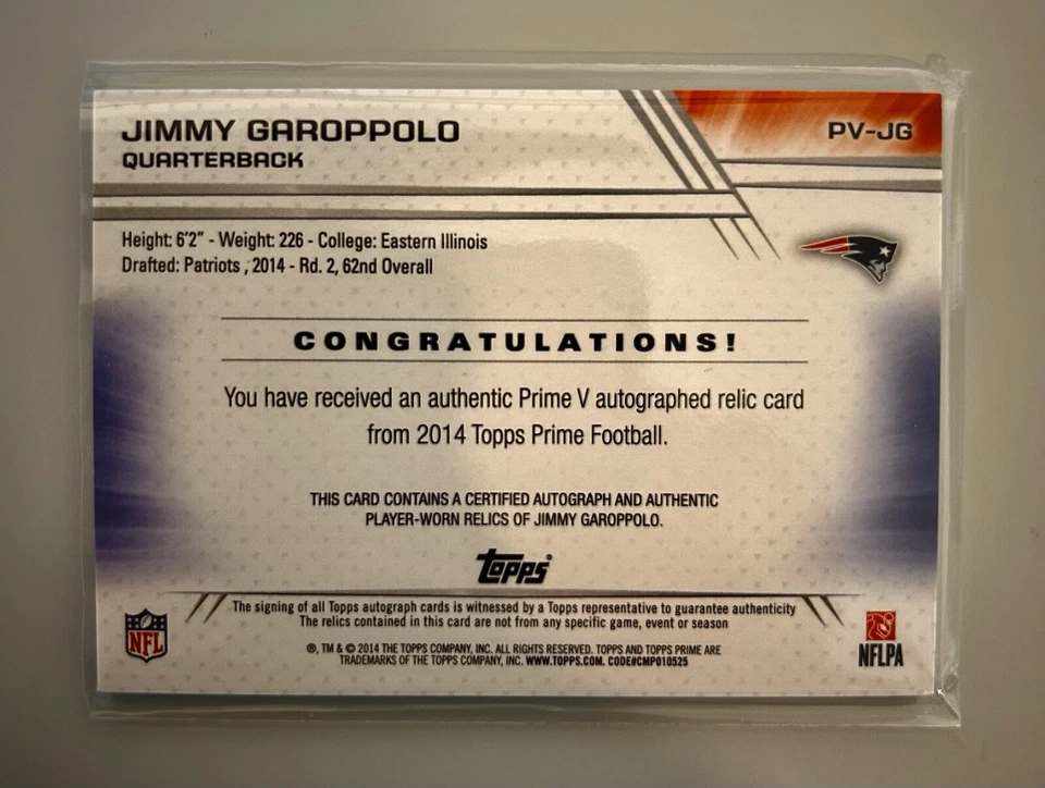 Jimmy Garoppolo 2014 Topps Prime parche cuádruple reliquia automático novato radiocontrol #7/10 Patriots Foto 2 de 4