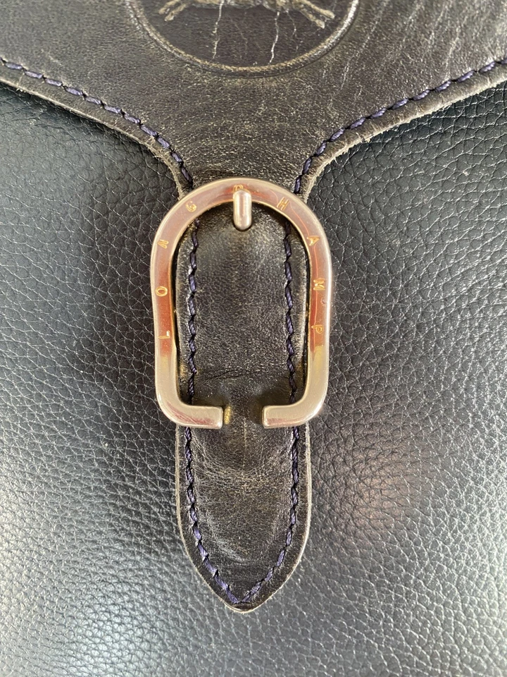 Ancien Sac à Main bleu nuit Longchamp Sac Vintage Cuir grainé Porté Bandoulière - Photo 3/4