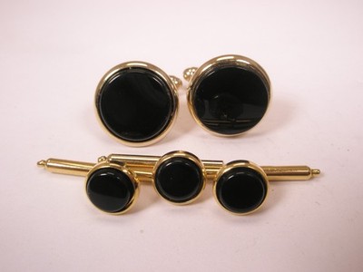 Black & Gold Tone Round Formal Vintage Cuff Links Tux Prom Shirt Studs p21
