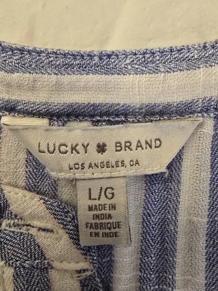 Lucky Brand Popover Top Blue White Stripe Long Roll Tab Sleeve Beachy Coastal L - Image 3 of 4